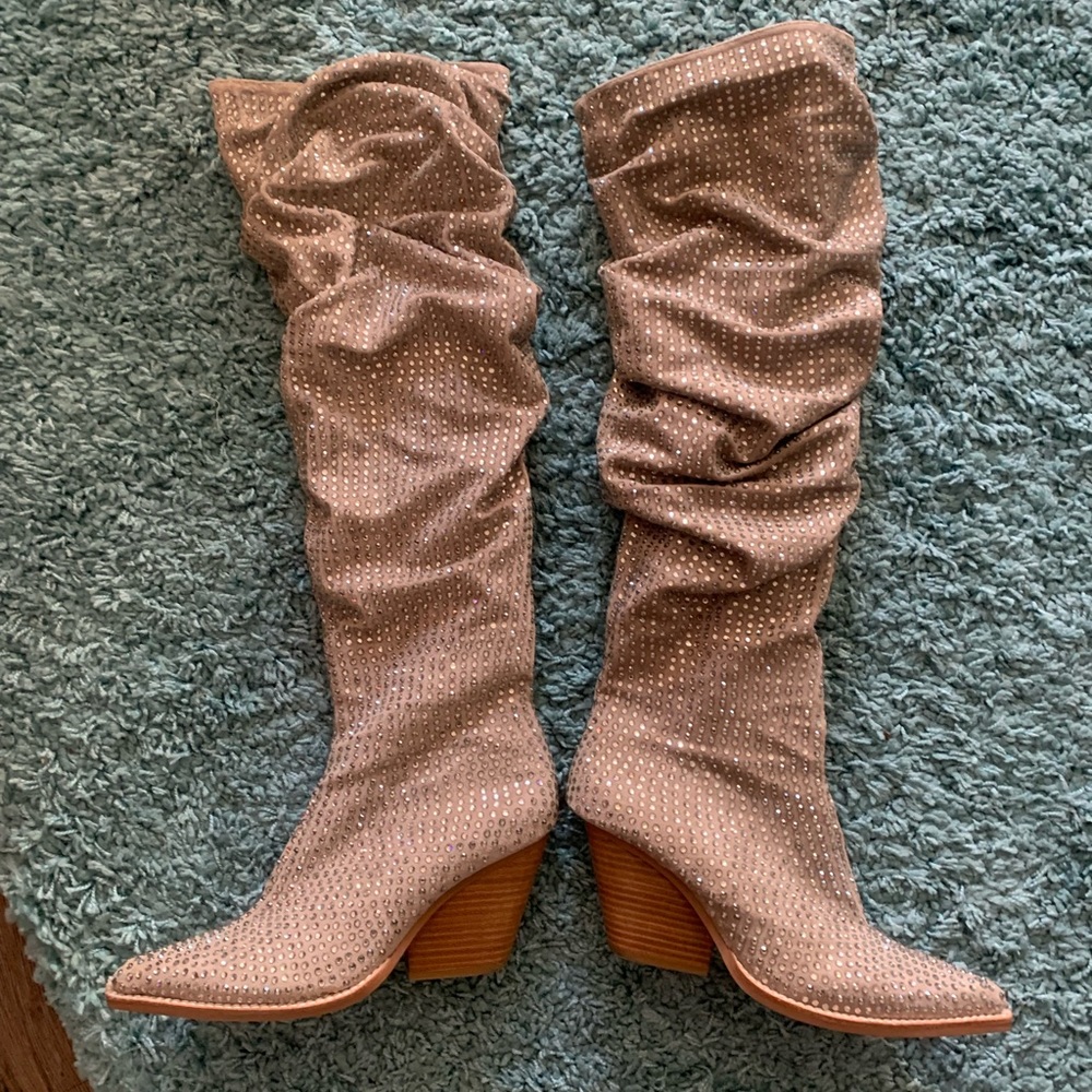 Jeffrey Campbell silver studded ‘Controlla’ Slouch Over-the-Knee boot 7.5M taupe